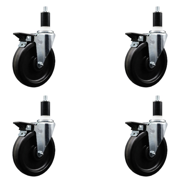 6'' Phenolic Swivel 1-3/8'' Expanding Stem Caster Set with Brake, 4PK